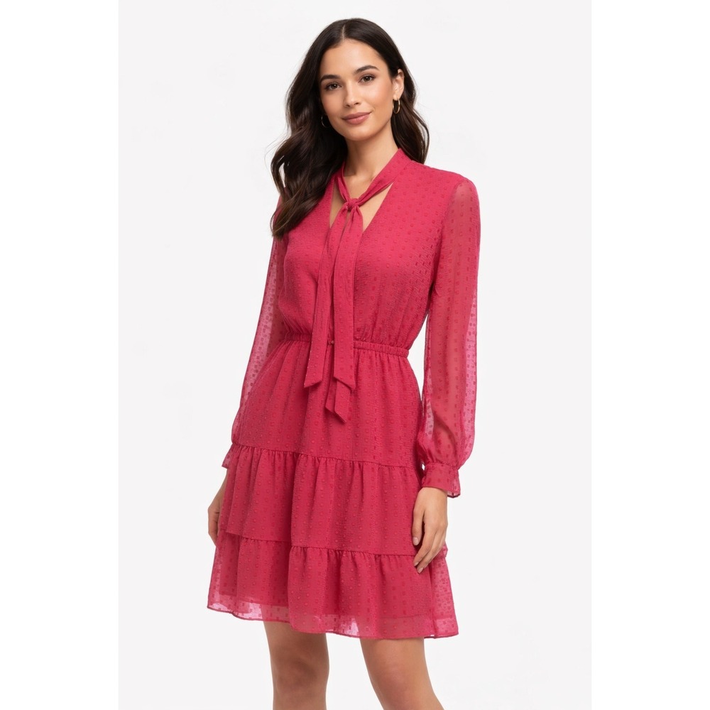 Nanette Lepore Carmine Swiss Dot Pink Long-Sleeve Tiered Tie-Neck Dress